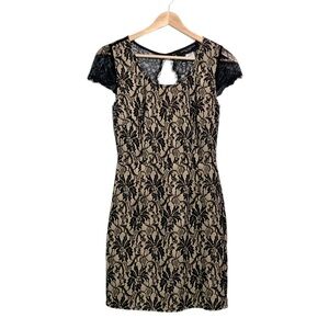 AKIRA CHICAGO Lace Dress Black Lace Over Nude Base Cap Sleeves Small